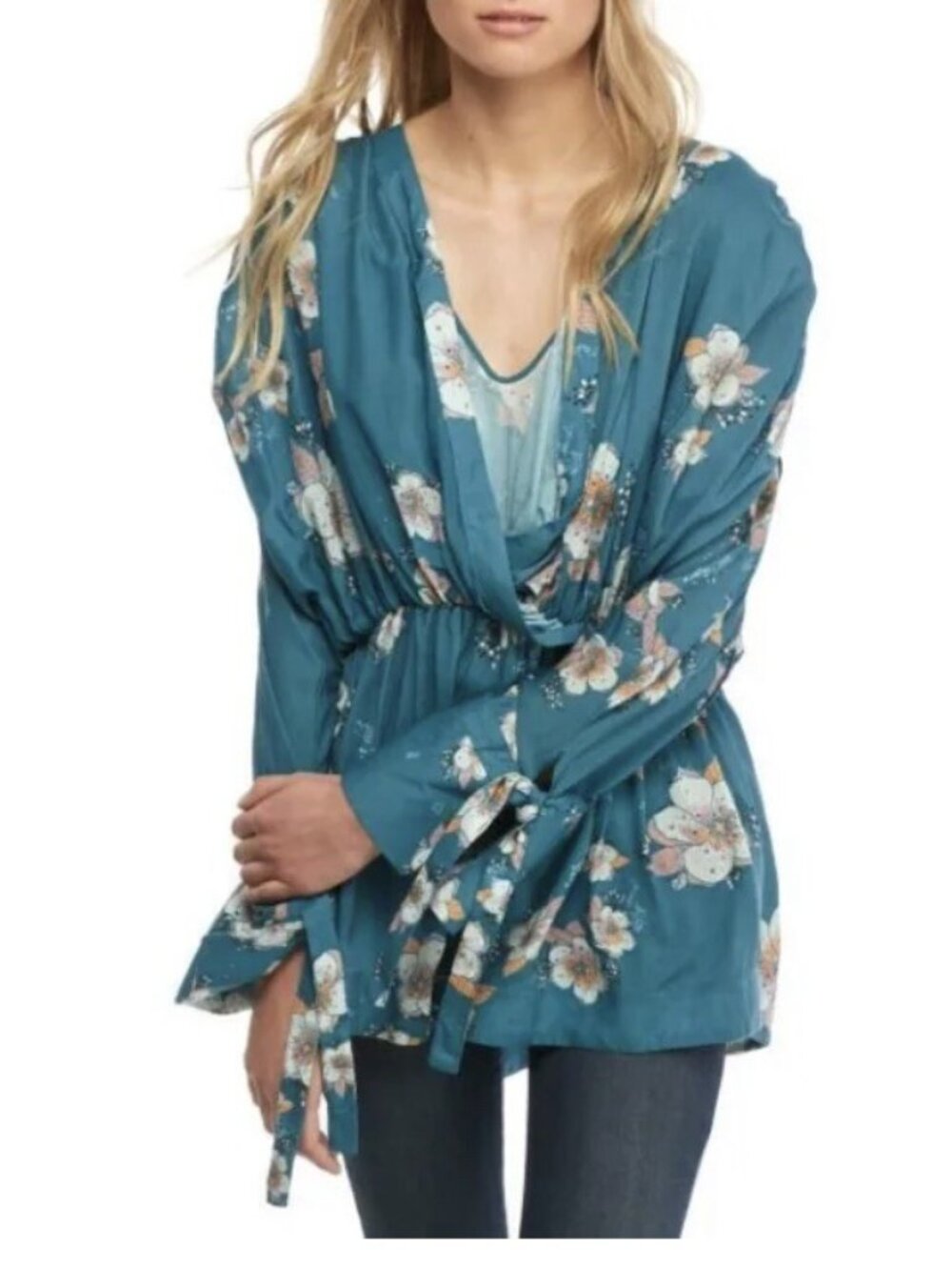 Free People Small Tuscan Dreams Blue Floral Boho Style Tunic Tie Sleeve EUC
